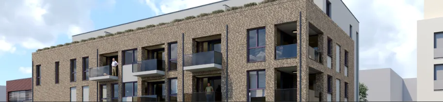 Impressie van Appartementencomplex Koorstraat 69: een gevel van baksteen met balkons en een groen dak